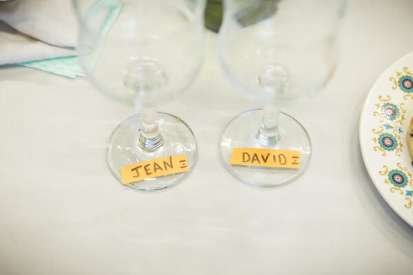 Two wine glasses labelled Jean and David